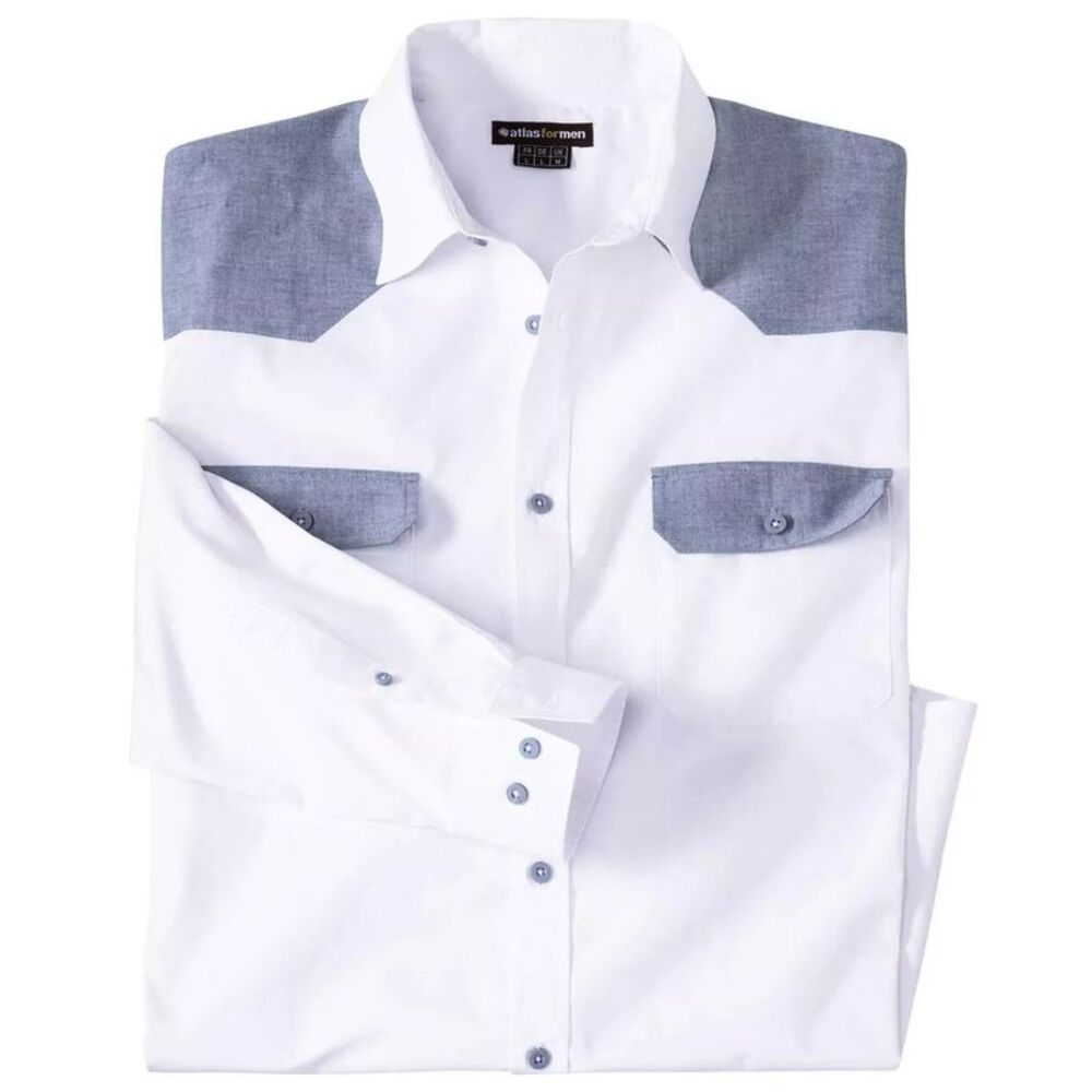 Atlas For Men Mens Western Contrast Panel Shirt / White/Light Blue
